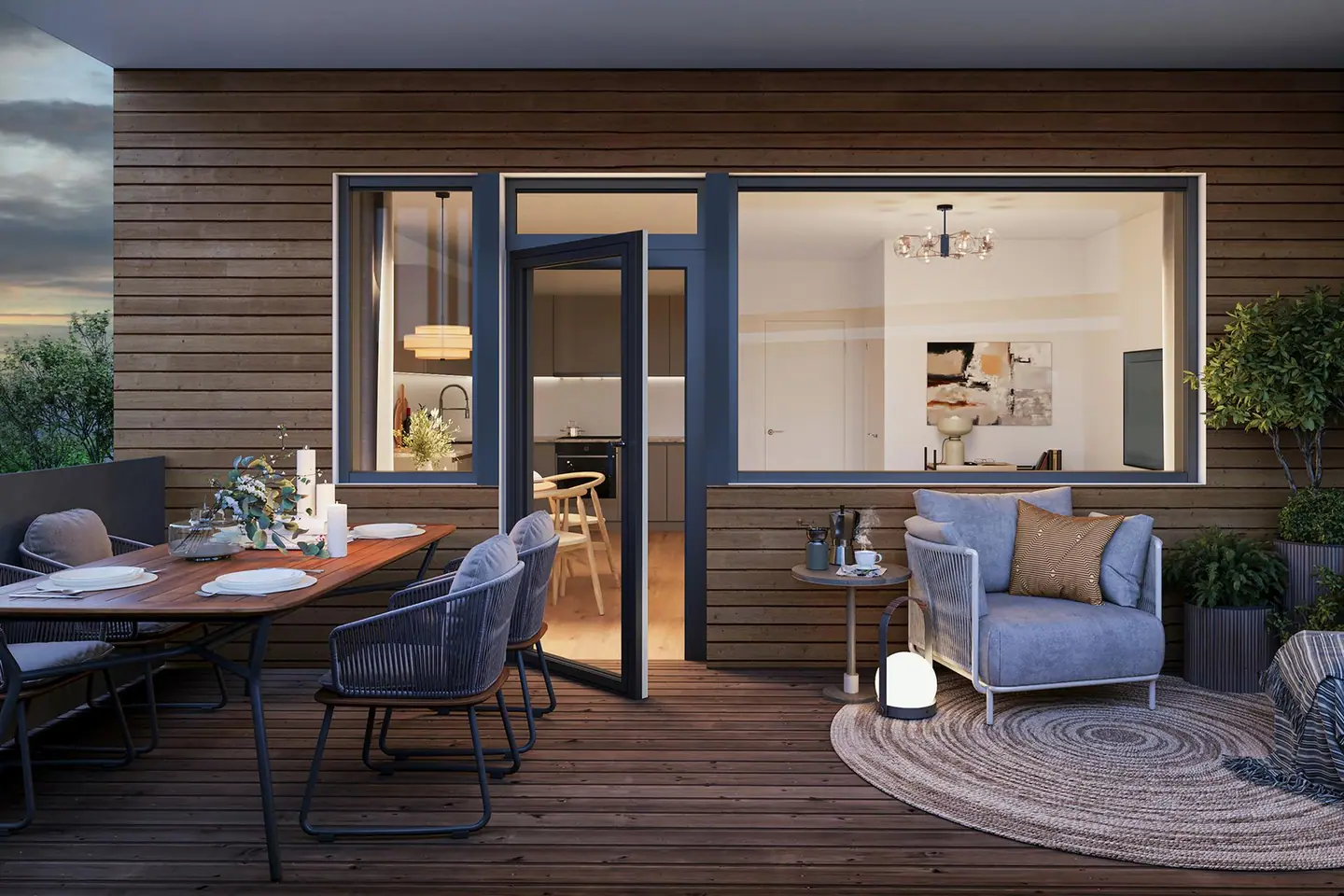 Alle leilighetene har romslige terrasseområder med god plass til møblering ( Terrassebord leveres i 1.etg, betongdekke i 2. og 3.etg )