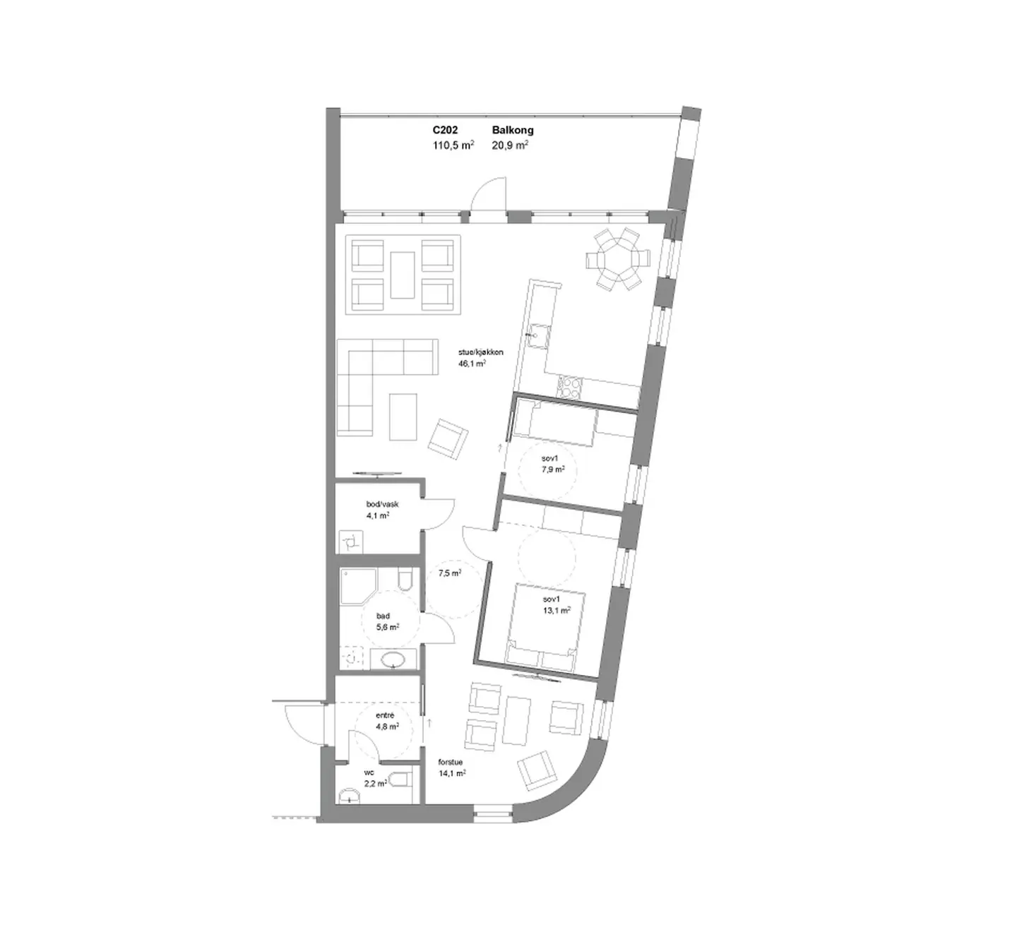 Plantegning -merk at arealene kun er retningsgivende, da dette er fra før bygget ble bygd.