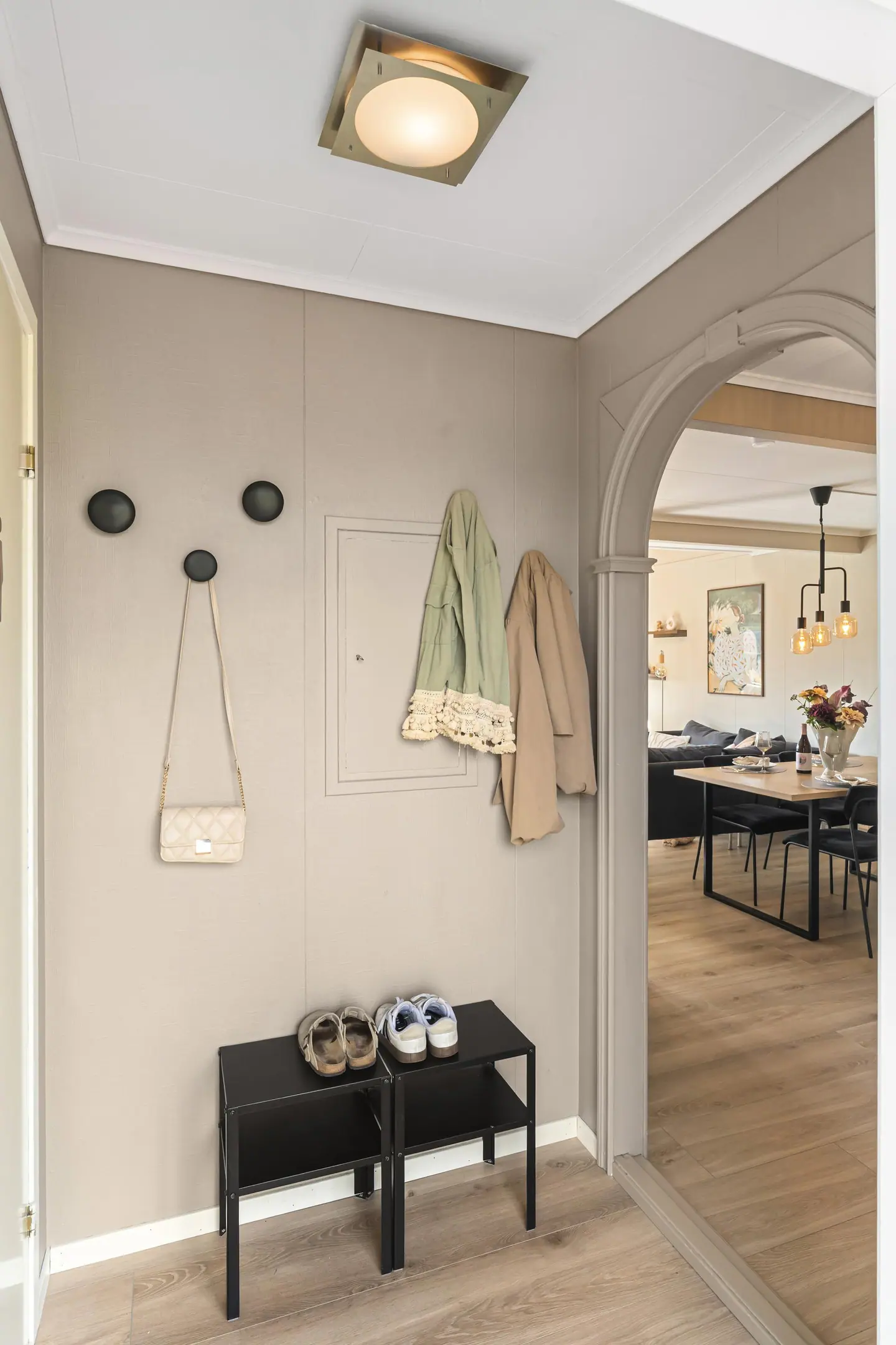 Entréen har plass til klesoppheng og skohylle, og leder inn mot oppholdsrommet.