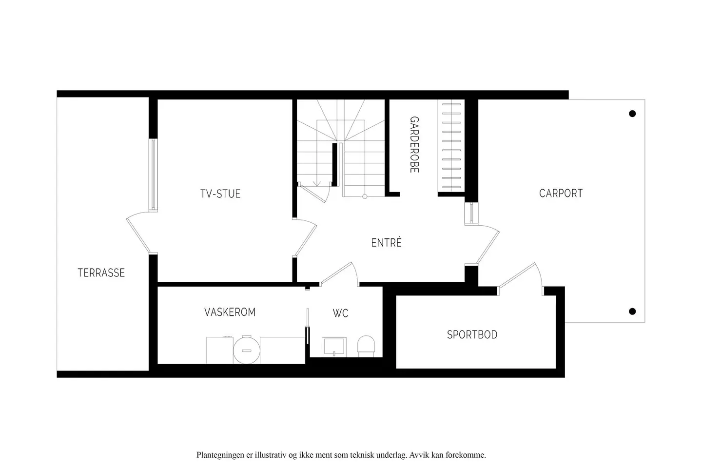 Første etasje har entré med tilknyttet garderobe, toalettrom, vaskerom og tv-stue med utgang til hagen.