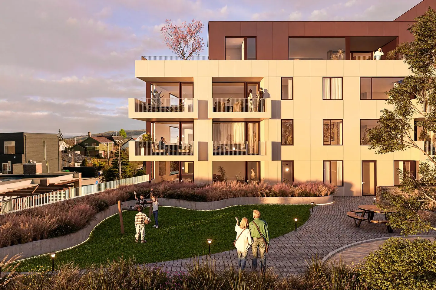 Fasade mot vest. Sameiet vil få et fint vestvendt fellesområde ut fra 1.etasje, samt en felles terrasse i 4.etasje og uteområde ved fellesro