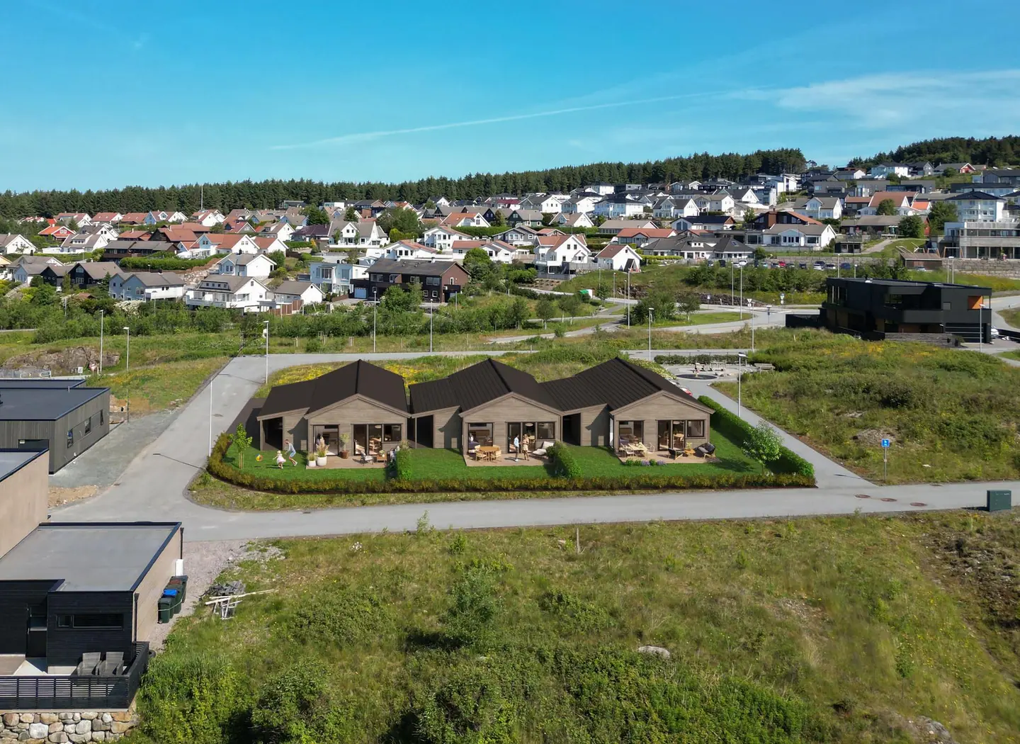 Stokkelandskroken fasade - vist med carport som kan tilbys som tilvalg.